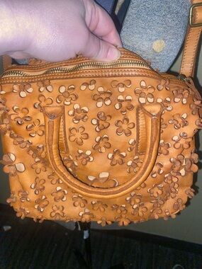 Handcrafted Tan Floral Appliqué Leather Satchel Sundance boho